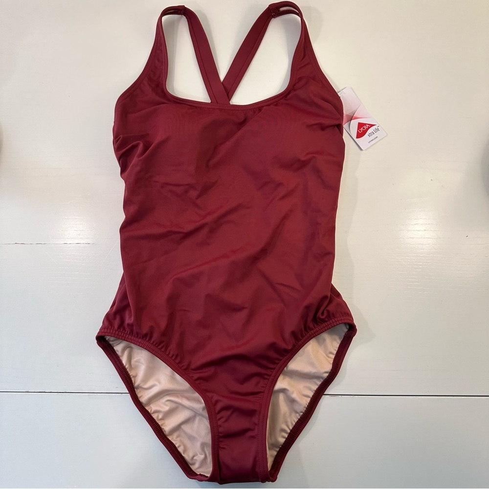 NWT Lands’ End Tugless X-Back One Piece Swimsuit Burgundy Spritz 10
